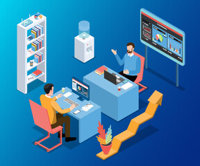 3D isometric business workflow with data Investment, Project management, business communication graphs and papers.  vector illustration eps10.