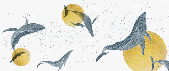 Watercolor art background with whales in line style on the background of the sun. Abstract hand drawn banner for wallpaper design, decor, print, interior design, packaging. © VectorART