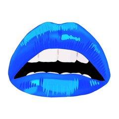 Illustration of lips with blue lipstick. Mouth drawing with white teeth.