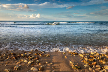 Tropical paradise: caribbean beach at golden sunset, Montego Bay, Jamaica