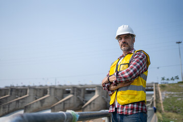 Obraz na płótnie Canvas Portrait of engineer wearing yellow vest and white helmet Working day on a water dam with a hydroelectric power plant. Renewable energy systems, Sustainable energy concept