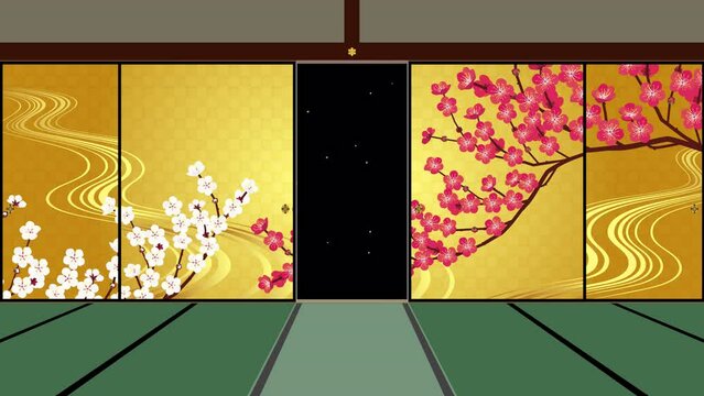紅梅白梅が描かれた襖が開閉する動画。日本の部屋