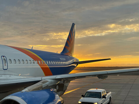 Mesa Arizona 28 July 2022:  An allegiant Arlines A320 during the early morning hours at the Williams gateway airport in Mesa Arizona.