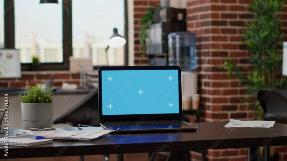 Aufkleber nobody in company office with greenscreen template on laptop, empty workplace with blank mockup back