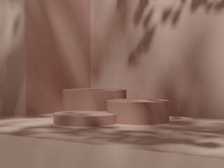 Premium podium display with leaf shadow, Cosmetics or beauty product promotion mockup. Natural stone step pedestal. Trendy minimalist banner, 3D render illustration.