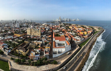 Obraz premium Aerial drone panorama of cartagena old city with skyline in background / Colombia