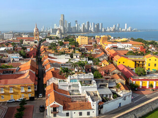 Fototapeta na wymiar Aerial drone panorama of cartagena old city with skyline in background / Colombia