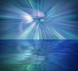 Fototapeta na wymiar radial light burst with water surface reflection