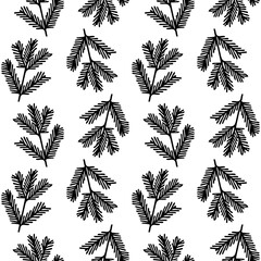 Christmas tree branch festive pattern. Seamless pine texture for New Year celebration event. Cute black line background