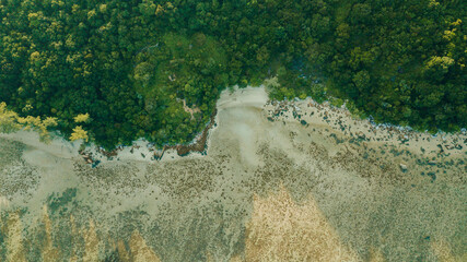 Aerial drone view of coastline scenery at Besar Island or Pulau Besar in Mersing, Johor, Malaysia