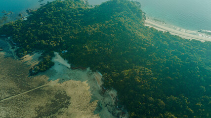Aerial drone view of coastline scenery at Besar Island or Pulau Besar in Mersing, Johor, Malaysia