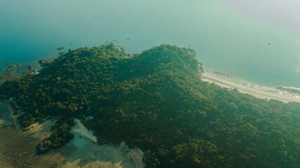 Aerial drone view of coastline scenery at Besar Island or Pulau Besar in Mersing, Johor, Malaysia
