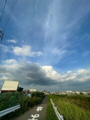 猛暑　湧き出た積乱雲と河川敷　大阪府高槻市　縦構図
