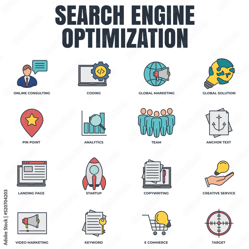 Poster set of search engine optimization icon logo vector illustration. seo optimization pack symbol templa