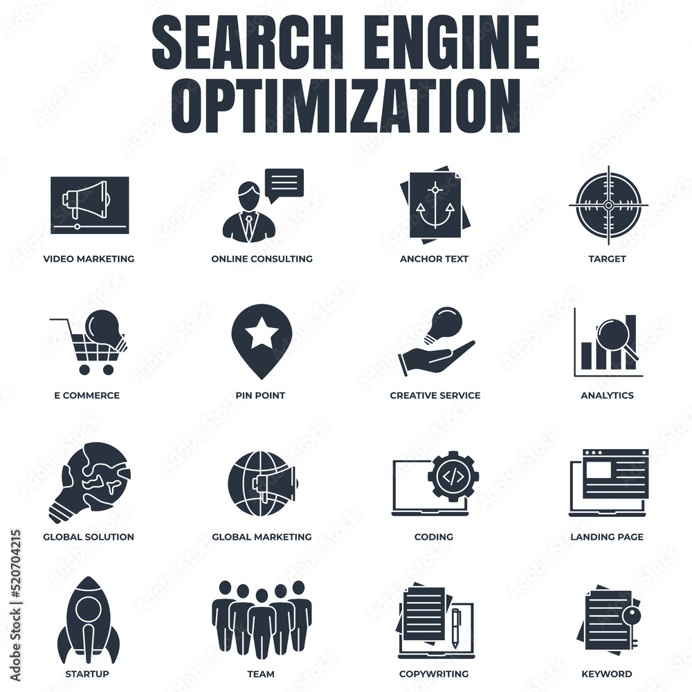 Poster set of search engine optimization icon logo vector illustration. seo optimization pack symbol templa