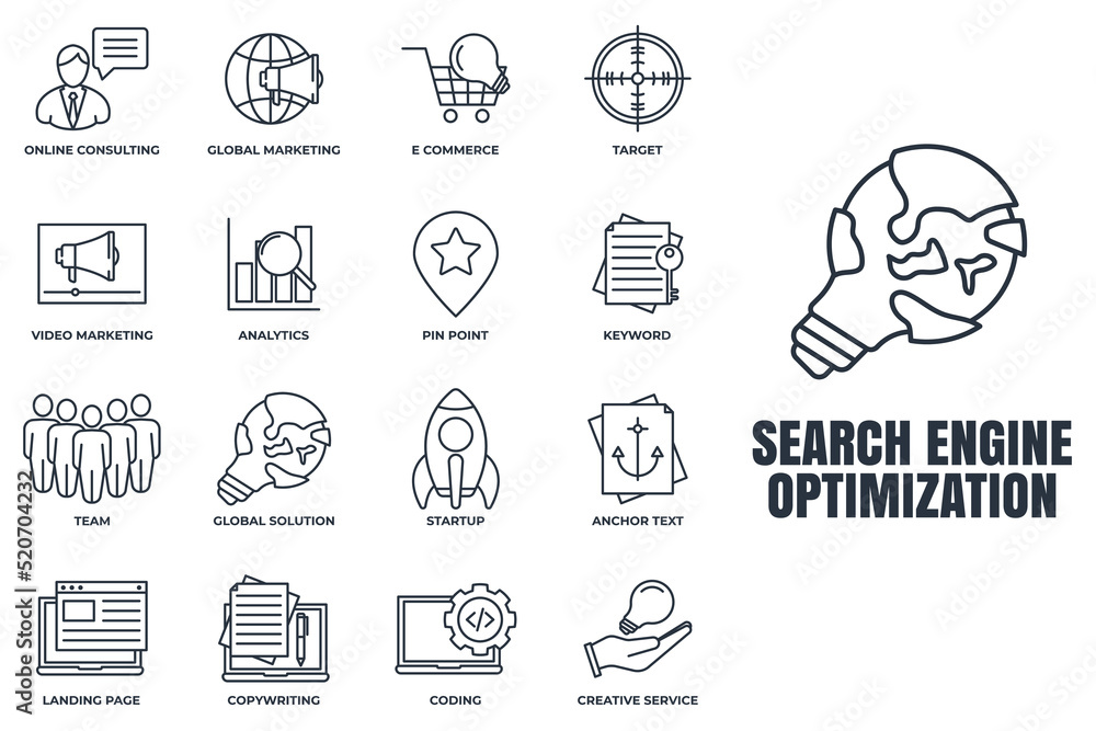 Poster set of search engine optimization icon logo vector illustration. seo optimization pack symbol templa