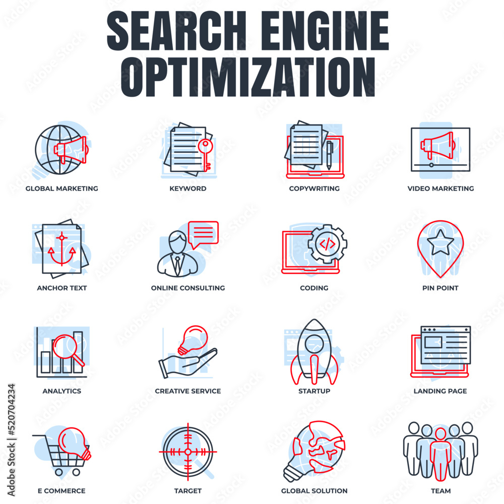 Poster set of search engine optimization icon logo vector illustration. seo optimization pack symbol templa