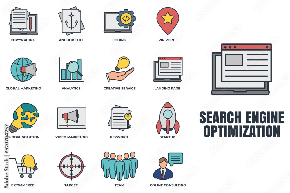 Poster set of search engine optimization icon logo vector illustration. seo optimization pack symbol templa