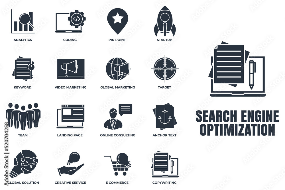 Poster set of search engine optimization icon logo vector illustration. seo optimization pack symbol templa