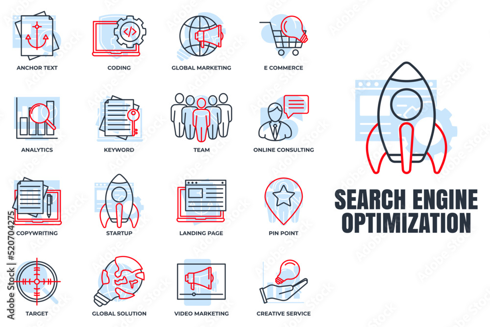 Poster set of search engine optimization icon logo vector illustration. seo optimization pack symbol templa