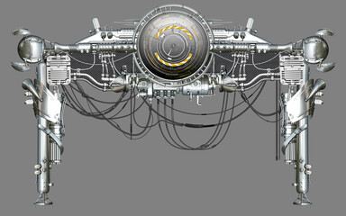 3D render of sci-fi header with chrome parts and wires plus graphics illustration
