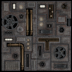 3D render of sci-fi panels with pipes and gadgets illustration © deviney designs