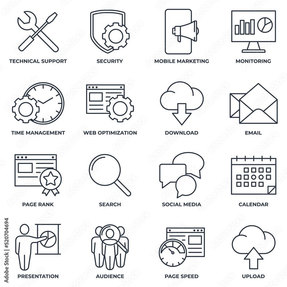 Poster set of search engine optimization icon logo vector illustration. seo optimization pack symbol templa
