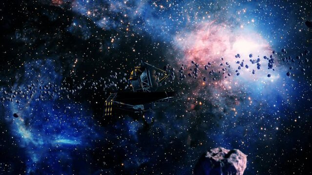 Galaxy exploration with Nasa James Webs Telescope outer space towards central glowing milky way galaxy. 4K looping animation of flying through glowing nebulae, clouds and stars field. 