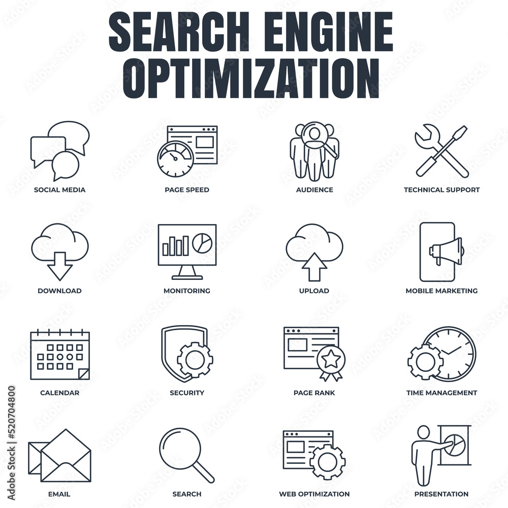 Poster set of search engine optimization icon logo vector illustration. seo optimization pack symbol templa