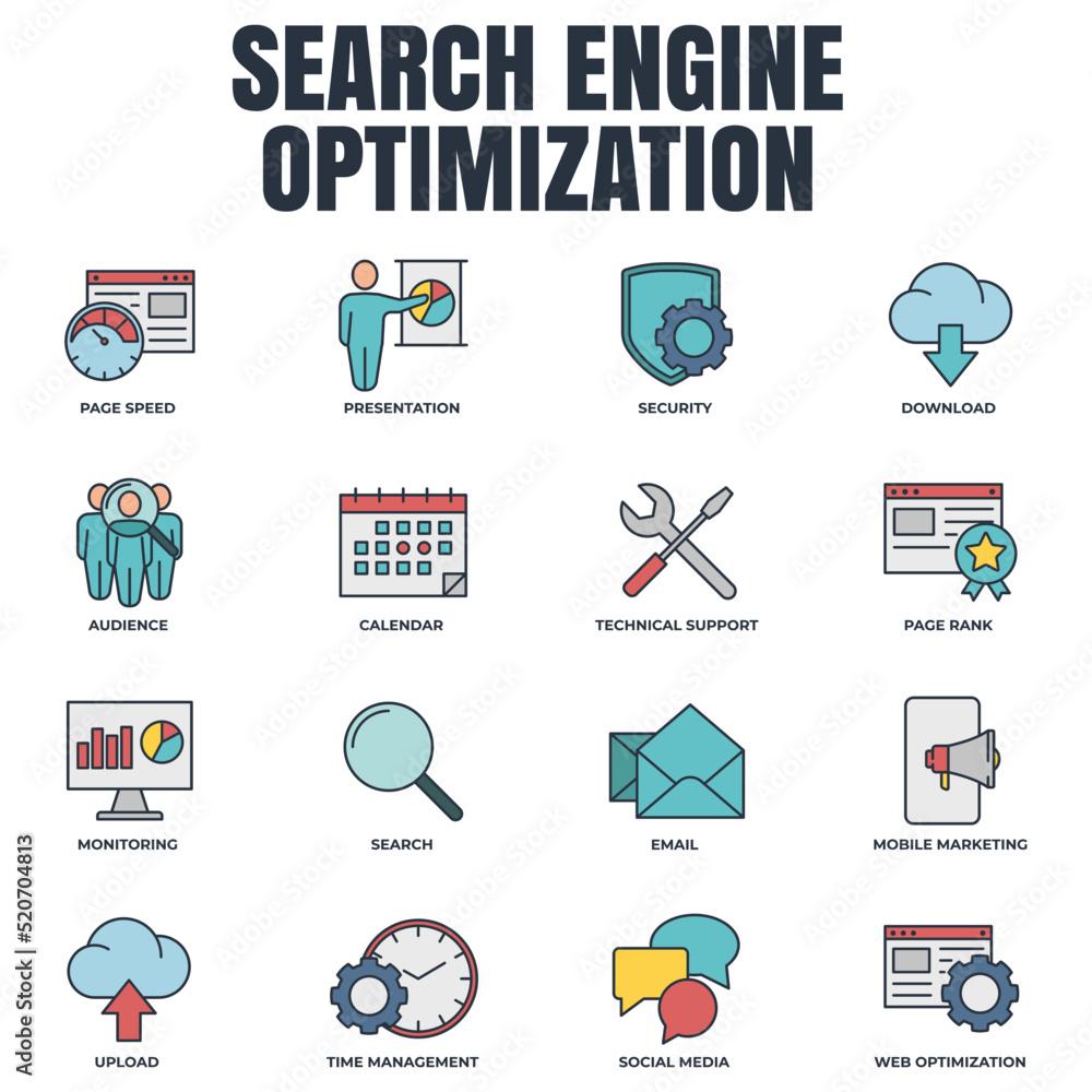 Poster set of search engine optimization icon logo vector illustration. seo optimization pack symbol templa