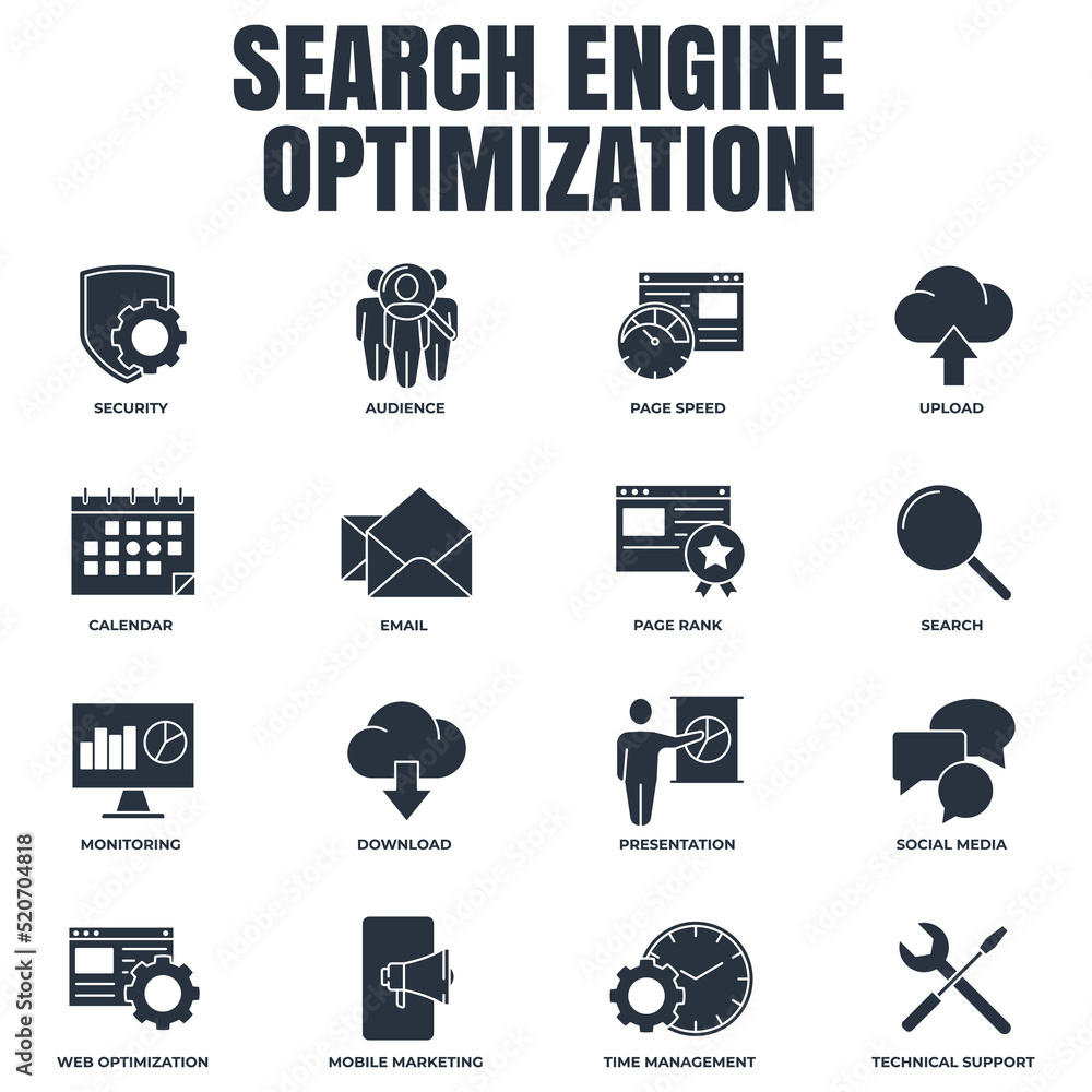 Poster set of search engine optimization icon logo vector illustration. seo optimization pack symbol templa