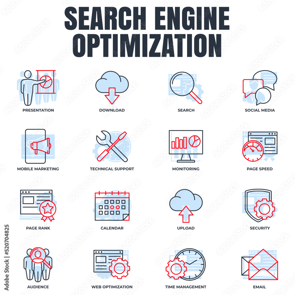 Poster set of search engine optimization icon logo vector illustration. seo optimization pack symbol templa