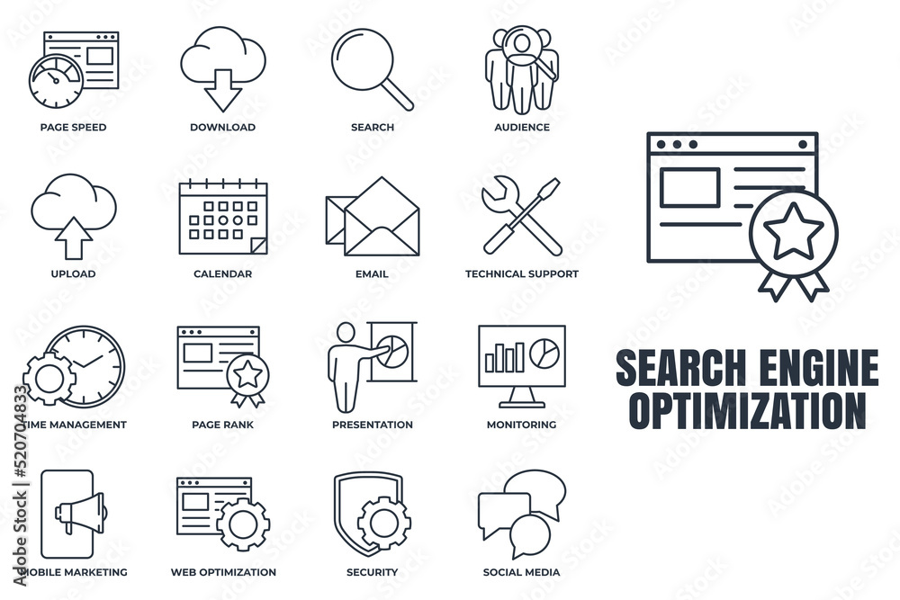 Poster set of search engine optimization icon logo vector illustration. seo optimization pack symbol templa