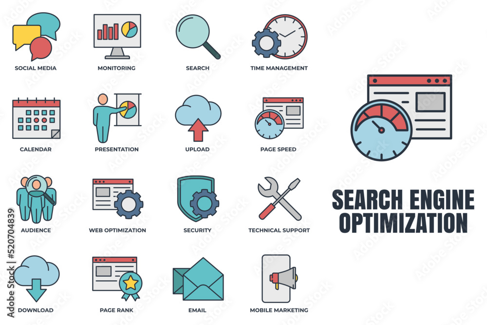 Poster set of search engine optimization icon logo vector illustration. seo optimization pack symbol templa