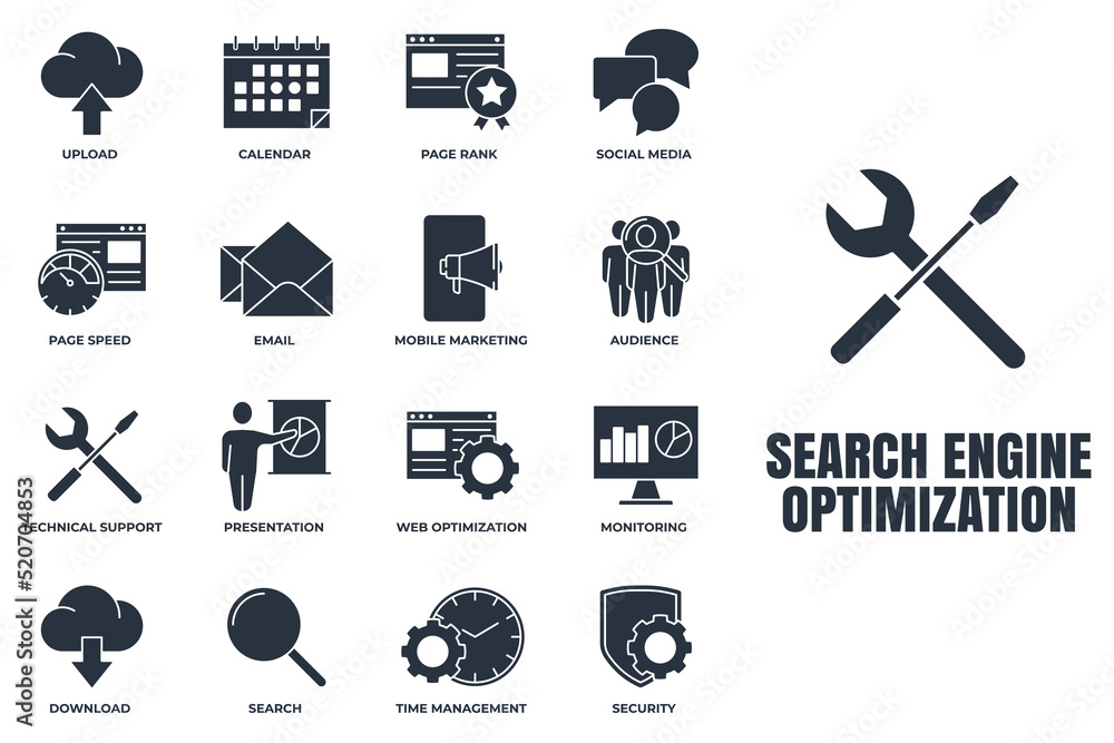 Poster set of search engine optimization icon logo vector illustration. seo optimization pack symbol templa