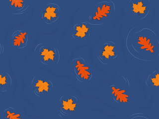 Fototapeta na wymiar Autumn time pond with orange maple and oak leaves on surface vector illustration