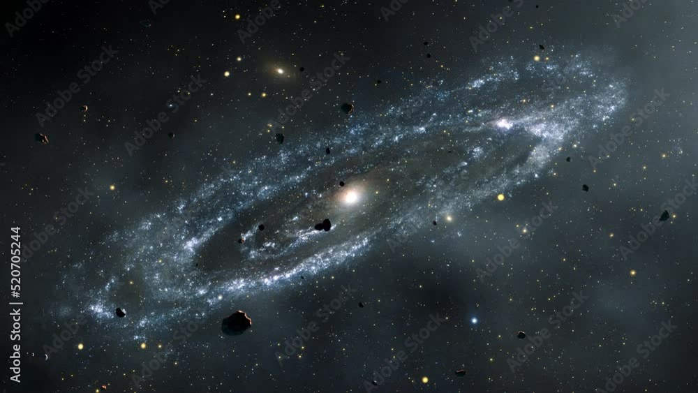Poster galaxy space flight exploration space rock scence through outer space at messier 31. 4k looping anim