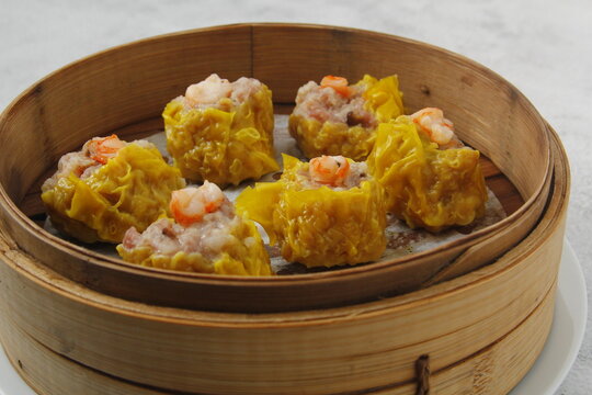 Freshly cooked pork and shrimp siomai or dumpling