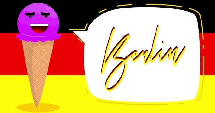 Ice Cream saying Berlin. Colorful animated summer sweet food cartoon character. 4k resolution animation, moving image.