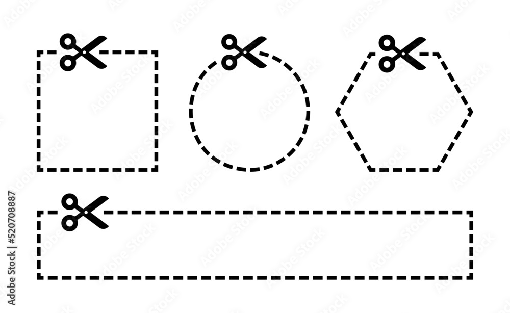 Poster Scissors cutting different geometric shapes with dashed line. Template for coupon or voucher element icon vector set.