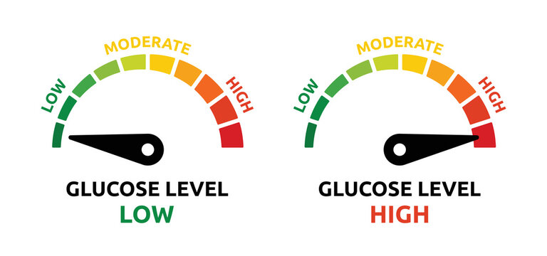 Glucose level measurement for diabetes disease with gauge low, moderate and high measure vector illustration.