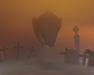 3D Render Model Ghost Floating in Old Cemetery with Fog
