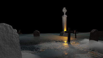 3D Render Model Illustration Creepy Graveyard with Muddy Wet Ground Fog Halloween
