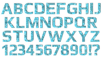 Set of latin digital alphabet perforated with PCB circuit board tracks isolated on white. Colored capital letters for modern digital world. Design element.