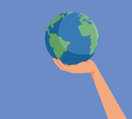 Hand Holding the Earth planet Vector Concept Illustration. Environmentalist saving and preserving nature by being eco-friendly
