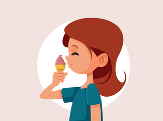 Little Girl Having a Delicious Ice Cream Vector Cartoon Illustration. Happy child enjoying summer tasty dessert 
