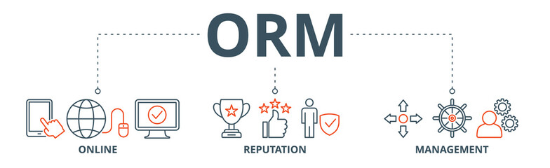 ORM banner web icon vector illustration concept for online reputation management with icon of internet, browser, winner, trust, favorite, and business