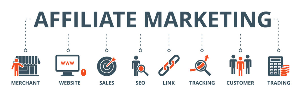 Affiliate marketing banner web icon vector illustration concept with icon of merchant, website, sales, seo, link, tracking, customer and trading