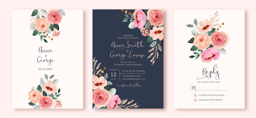wedding invitation set with pink peach floral watercolor