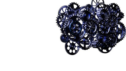 Obraz premium Mechanism blue metallic gears and cogs at work under white spot lighting background. Industrial machinery. 3D illustration. 3D high quality rendering. 3D CG. 